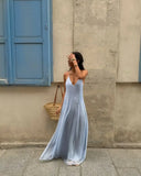 Shopmocho Casual Women's Blue Pleated Sling Long Dress Elegant Sleeveless Backless Off Shoulder Slim Fit Dresses Beach Party Women's Robe