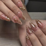 SHOPMOCHO 24Pcs Mid-length Almond Ballet False Nails Simple Cat Eye Design Press on Fake Nail Wearable Full Cover Nail Tips Manicure Tools