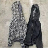 SHOPMOCHO Reversible Plaid American Retro Zipper Hoodie Sweatshirt Mens Womens Casual Plaid Sweatshirt Solid Color Lining Y2K Street Style