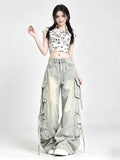 SHOPMOCHO Women's Blue Multi Pocket Cowboy Pants Cargo Y2K Japanese Harajuku Streetwear Aesthetics Retro 90S Jeans Pants Clothing 2025 New