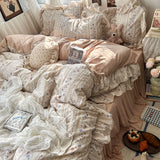 SHOPMOCHO 3/4Pcs Korean Princess Style Floral Ruffles Bedding Set Skin-friendly Soft Duvet Cover Set Bed Sheet Or Bed Skirt Pillowcases