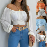 SHOPMOCHO Off Shoulder Shirts Puff Long Sleeve Y2K Crop Tops Summer Clothes Women 2026 Black White Blouse Bandage Elegant Sexy Women Shirt