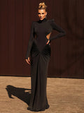 Shopmocho Weird Puss Backless Maxi Dress Women Shoulder Pads Long Sleeve Waistless Peach Buttocks Ruched Elegant Banquet Skinny Vestidos