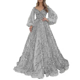 Shopmocho BWQ Vinatge Evening Party Long Dresses Sequin Women A-line Princess Dress Lantern Sleeve Spring Summer Robe Prom Halloween