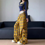 Shopmocho American Style Streetwear Large Pocket Red Plaid Work Casual Pants Women's Winter 2025 New Loose-Fit Wide-Leg Drag Pants