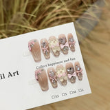 SHOPMOCHO Sweet Lovely Cartoon Bear Long Coffin Stiletto Fake Nails Bowknot Pearl Diamond Flowers Cat Eyes Wearable Fake Nails
