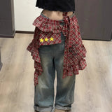 Shopmocho Adjustable Star Layer Outfits Plaid Skirt Hip-hop Sweet Lace Up Hip Scarf Korean Style Y2K Ruffled Edge Waistband Jeans Decor