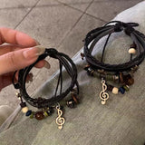 Shopmocho Handmade Hippie Design Brown Leather Bracelet Women Metal Star Note Charms Wood Button Beads Wrap Unisex Adjustable Bracelet