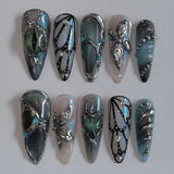 SHOPMOCHO 24Pcs Black Y2k Long False Nails with Almond Head Design Cat's Eye Silver Stripe Pattern Press on Fake Nails Wearable Nail Tips