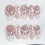 SHOPMOCHO 10pcs Purple Cat's Eye Handmade Fake Nails Tips Glitter Mid-length Oval Press on Nails Art Bow Rhinestone Design False Nail Sets