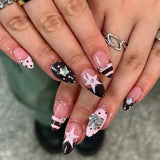SHOPMOCHO 24pcs Y2k Almond Fashion Fake Nails Moon Star Style Swan Pattern Sweet Cool Press On Nails Full Cover Detachable False Nail
