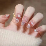 Shopmocho 24Pcs Glitter Diamond Press On Nails Sweet Cute Girl Acrylic Nails Full Cover Short Square Fake Nails Wearable Manicure Nail Tip