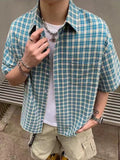 SHOPMOCHO Summer Short Sleeve Plaid Shirt Women American Vintage Loose Single Breasted Casual Blouse Bf Harajuku All Match Lapel Tops