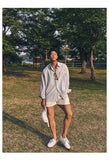 Shopmocho Men's Blue Vertical Striped Long-Sleeved Shirt, Korean Style High Quality Casual  Shirt Coat， Travel ，Hiking