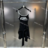 SHOPMOCHO 2026 Summer Thin Strap Sleeveless English Letter Front Strap Apron Design Fake Two Piece Dress  evening dresses