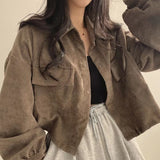 SHOPMOCHO Autumn Retro Versatile Single Breasted Turndown Collar Long Sleeved Jacket for Women Coffee Casual with Pockets Loose Coat