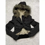SHOPMOCHO Gothic Y2K Vintage Fur Lined Hooded Jacket Womens White Button Zipper Coat with Faux Fur Trim Fashion Casual Warm Coats