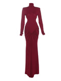 Shopmocho Weird Puss Backless Maxi Dress Women Shoulder Pads Long Sleeve Waistless Peach Buttocks Ruched Elegant Banquet Skinny Vestidos