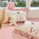 Shopmocho Cartoon Washed Cotton Bed Sheet Four-piece Set Non-cotton Thickened Brushed Quilt Cover Bed Skirt Style Princess Style Bedroom