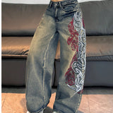SHOPMOCHO American Street Hot Item Women Vintage Mud Washed Wide Leg Jeans Abstract Side Embroidery High Waist Baggy Y2K Spicy Pants