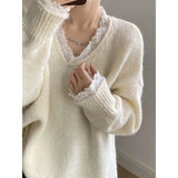 Shopmocho Lace Trim Warm Sweater For Women V Neck Long Sleeve Winter Loose Soft Top