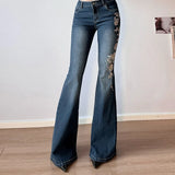 Shopmocho Flare Pants Jeans Women Embroidery Boot Cut Low Waist Washed Distressed Pockets Floor Length Streetwear 2025 Denim Trousers