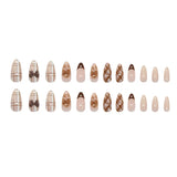 Shopmocho 24Pcs Brown Plaid Press on Nails French Bow Spring False Nail Medium Almond Fashion Atmosphere Wearable Nail for Women&Girl