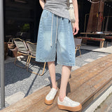 SHOPMOCHO Summer Boyfriend Plus Size Jeans Shorts Woman Casual Loose Wide Leg Bermudas Baggy Denim Shorts Women Lace Up Half Short Pants