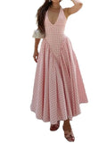 Shopmocho Elegant V-Neck Pleated Long Dresses Women High Waist Summer 2025 French Style Fashion V-neck Backless Lace-up Vacation Vestidos