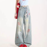 SHOPMOCHO Jeans for Woman Y2k Pants Retro Washed Denim Straight Leg Wide Leg Trousers Cartoon Embroidery Design Comfortable Daily Wear