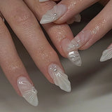 Shopmocho Blue White French 3D Flower Shell Nail Art Summer Beach Fashion Almond False Nails Detachable Finished Fake Nails Press on Nails