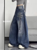 SHOPMOCHO Women Harajuku Streetwear Y2K Baggy Jeans High Street Wide Leg Curved Knife Denim Pants Vintage Washed Letter Design Trousers