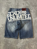 SHOPMOCHO American Washed Ecko Denim Shorts Mens Hip-hop Rock Street Fashion Pattern Straight Pants Harajuku Trend Wide Pants