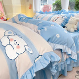 Shopmocho Cartoon Washed Cotton Bed Sheet Four-piece Set Non-cotton Thickened Brushed Quilt Cover Bed Skirt Style Princess Style Bedroom