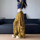 Shopmocho American Style Streetwear Large Pocket Red Plaid Work Casual Pants Women's Winter 2025 New Loose-Fit Wide-Leg Drag Pants