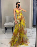 SHOPMOCHO-Elegant Print Pleated Mesh Evening Dress Sexy Off Shoulder Ins Vacation Long Dress Summer V Neck High Waist Backless Sling Dress