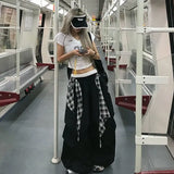 Shopmocho Y2K Black Cargo Pants Women Streetwear Plaid Patchwork Baggy Sweatpants Harajuku Wide Leg Joggers Summer Korean Casual Trousers