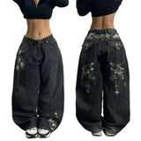 Shopmocho 2025 New American Trend Retro Hip-hop Embroidery Pattern Baggy Jeans For Men And Women Y2K Harajuku Gothic Wide Pants Streetwear