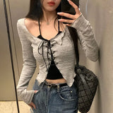 SHOPMOCHO Korean Two Piece Set Lace-up Cardigan with Cami Women's Sexy Slim Y2K Crop Long Sleeve Criss Cross Knit Tops Acubi Outfit