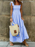 Shopmocho Elegant Plaid Slip Maxi Long Dress Summer Women Strapless Ruffle Backless Pleated Elastic Waist Boho Party Swing Loose Dresses