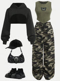 SHOPMOCHO Children's Clothing: Girls' Short Hooded Sweatshirt & Fleece Ribbed Vest & Camouflage Sweatpants Three-Piece Set, Army Green Cool Girl Outfit