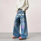 SHOPMOCHO American Retro Graffiti Print Loose High Waist Men's Jeans Autumn Winter Korean Style Floor-Length Causal Trousers Wide Leg Pant