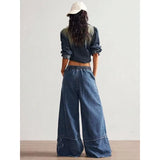 SHOPMOCHO Women's Pants Loose Wide Leg Jeans Embroidery Elastic Waistband Drawstring Adjustable High Rise Comfort