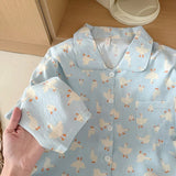 SHOPMOCHO Sweet Cute Goose Print Korean Fashion Women's Pajamas Nightwear Kawaii Casual Lapel Neck Y2K Pajamas Set Autumn New Loungewear