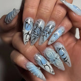 SHOPMOCHO 24Pcs Black Y2k Long False Nails with Almond Head Design Cat's Eye Silver Stripe Pattern Press on Fake Nails Wearable Nail Tips