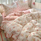 SHOPMOCHO Ruffles Bedding Set Floral Style Duvet Cover Pillowcase with Bedsheet Skin-friendly Bed Linen Set Girls Room Bedclothes