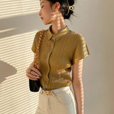 Shopmocho Miyake Pleated Cardigan Single Breasted Short Sleeve Polo Shirt Women Spring Summer Korean Fashion Causal Comfortable Clothing