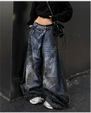 SHOPMOCHO Blue Womens Jeans High Waist Vintage Design Hip Hop Straight Baggy Denim Pants Street Y2K American Style Wide Leg Denim Trouser