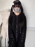 SHOPMOCHO Gothic Subculture Black Lace Loose Hoodie Women's Autumn Aesthetic Lovely Long Sleeve Hooded Coat Casual Warm Winter Overcoat