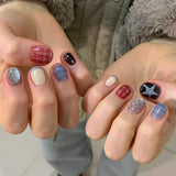 Shopmocho 10pcs Short Oval Shaped Press-On Nails - Color Block Stripes & Star Designs Glossy Mix-and-Match False Nails for Women and Girls